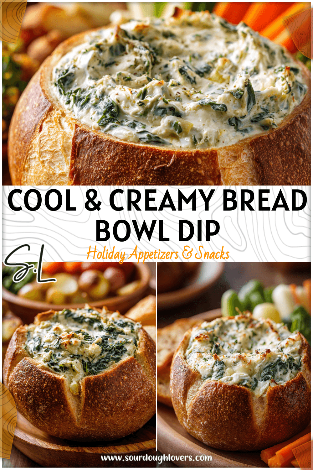 Chilled Bread Bowl Spinach Artichoke Dip served in a golden sourdough loaf with veggie sides.